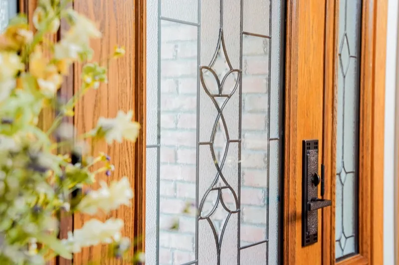 Wood-look fiberglass entry door with sidelites